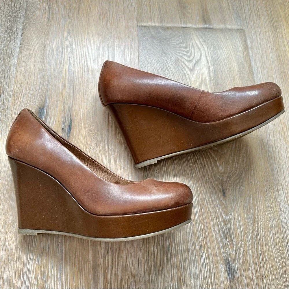 ALDO Cognac Brown Leather Platform Wedge Heel Shoes - Size 7.5